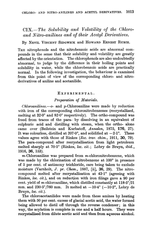 CIX.—The solubility and volatility of the chloro- and nitro-anilines and of their acetyl derivatives