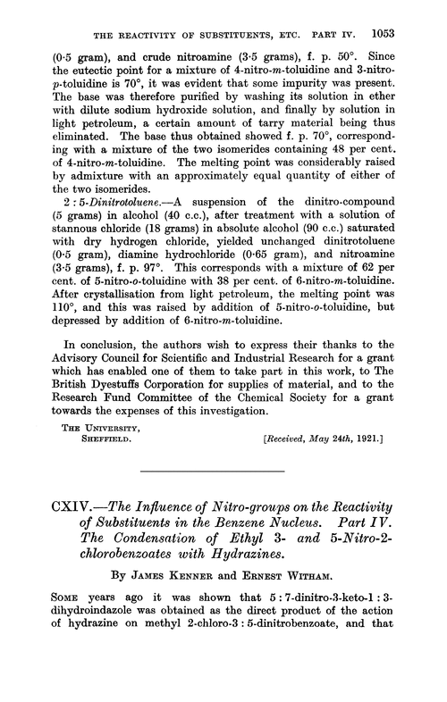 CXIV.—The influence of nitro-groups on the reactivity of substituents in the benzene nucleus. Part IV. The condensation of ethyl 3- and 5-nitro-2-chlorobenzoates with hydrazines