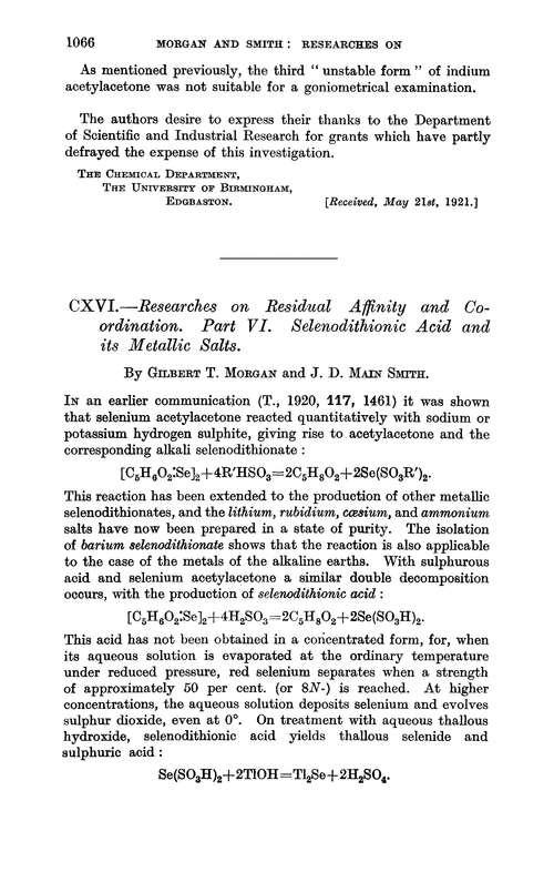 CXVI.—Researches on residual affinity and co-ordination. Part VI. Selenodithionic acid and its metallic salts