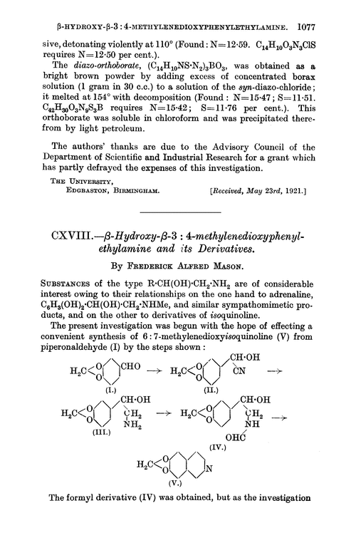 CXVIII.—β-Hydroxy-β-3 : 4-methylenedioxyphenylethylamine and its derivatives