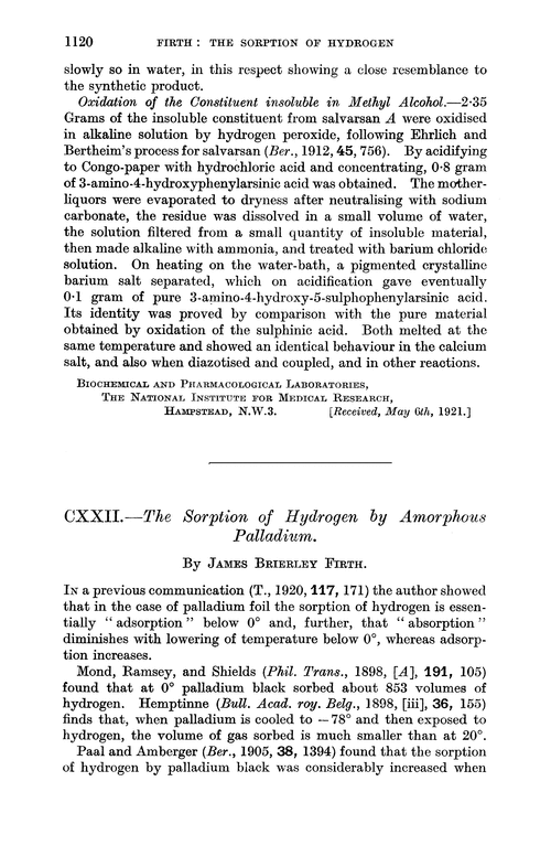 CXXII.—The sorption of hydrogen by amorphous palladium