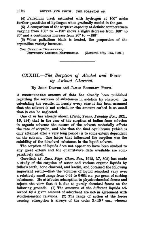 CXXIII.—The sorption of alcohol and water by animal charcoal