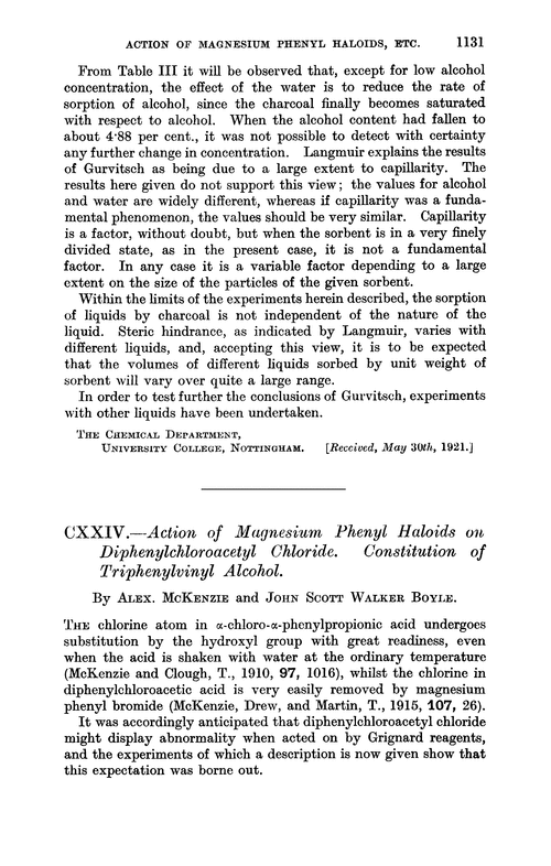 CXXIV.—Action of magnesium phenyl haloids on diphenylchloroacetyl chloride. Constitution of triphenylvinyl alcohol