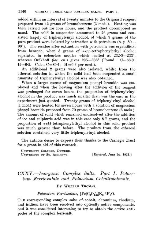 CXXV.—Inorganic complex salts. Part I. Potassium ferrioxalate and potassium cobaltimalonate