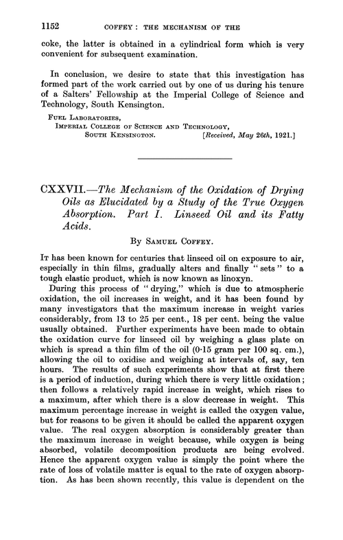 CXXVII.—The mechanism of the oxidation of drying oils as elucidated by a study of the true oxygen absorption. Part I. Linseed oil and its fatty acids