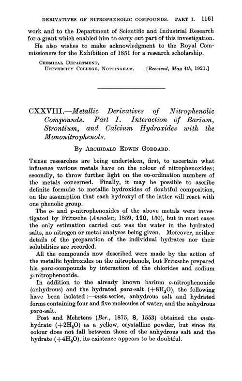 CXXVIII.—Metallic derivatives of nitrophenolic compounds. Part I. Interaction of barium, strontium, and calcium hydroxides with the mononitrophenols