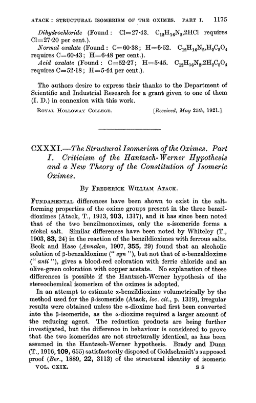 CXXXI.—The structural isomerism of the oximes. Part I. Criticism of the Hantzsch-Werner hypothesis and a new theory of the constitution of isomeric oximes