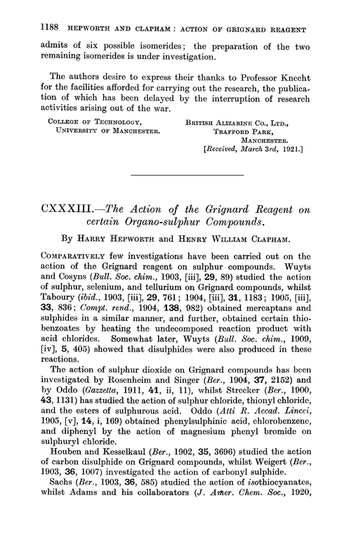 CXXXIII.—The action of the Grignard reagent on certain organo-sulphur compounds