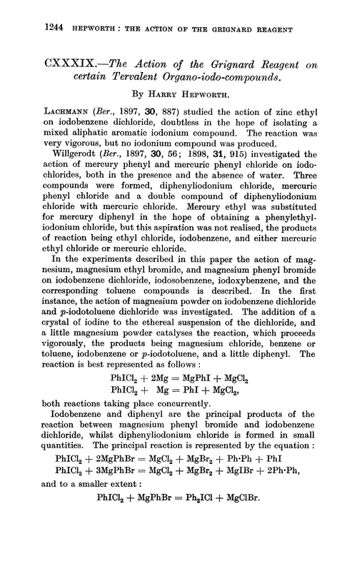 CXXXIX.—The action of the Grignard reagent on certain tervalent organo-iodo-compounds