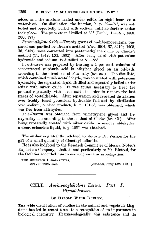 CXLI.—Aminoacylcholine esters. Part I. Glycylcholine