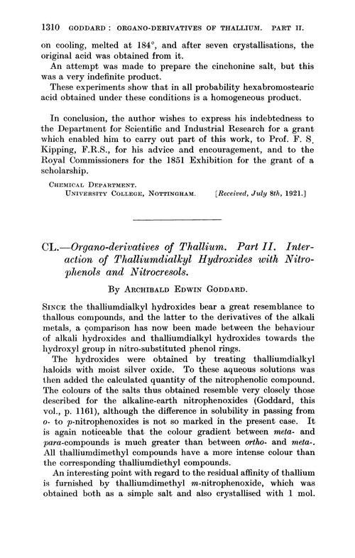 CL.—Organo-derivatives of thallium. Part II. Interaction of thalliumdialkyl hydroxides with nitrophenols and nitrocresols