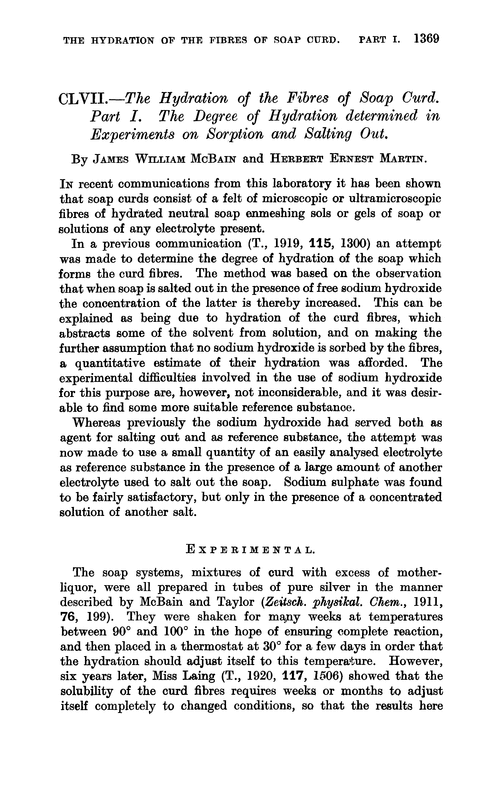 CLVII.—The hydration of the fibres of soap curd. Part I. The degree of hydration determined in experiments on sorption and salting out