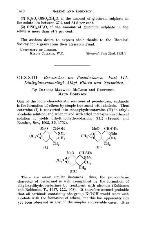 CLXXIII.—Researches on pseudo-bases. Part III. Dialkylaminomethyl alkyl ethers and sulphides
