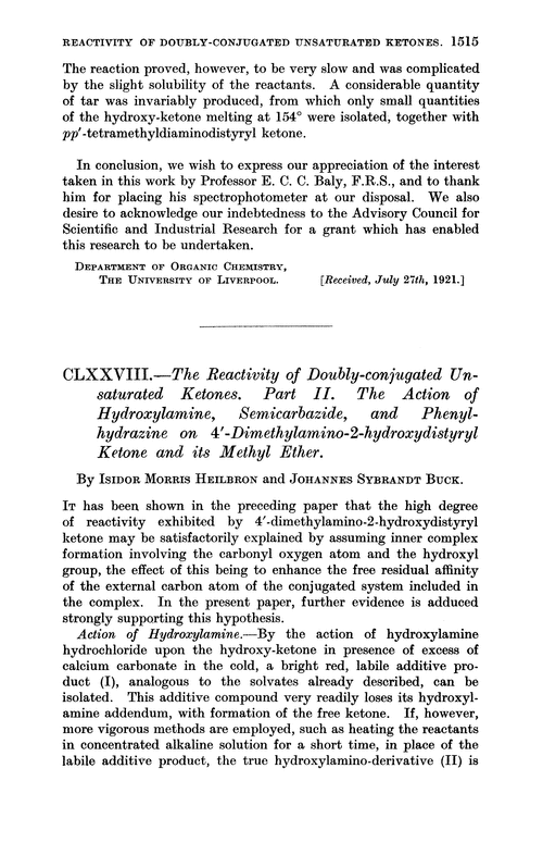 CLXXVIII.—The reactivity of doubly-conjugated unsaturated ketones. Part II. The action of hydroxylamine, semicarbazide, and phenylhydrazine on 4′-dimethylamino-2-hydroxydistyryl ketone and its methyl ether