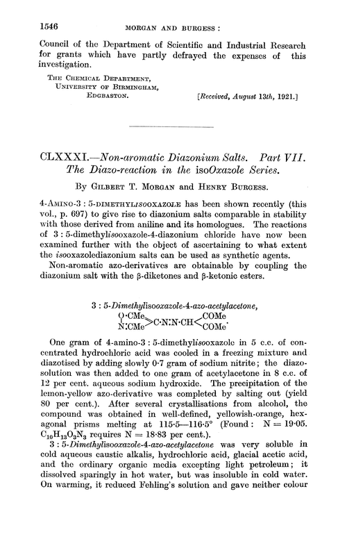 CLXXXI.—Non-aromatic diazonium salts. Part VII. The diazo-reaction in the isooxazole series