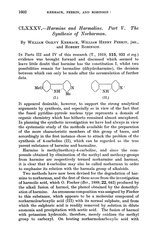 CLXXXV.—Harmine and harmaline. Part V. The synthesis of norharman