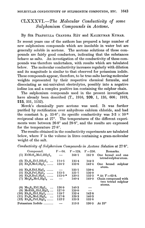 CLXXXVI.—The molecular conductivity of some sulphonium compounds in acetone