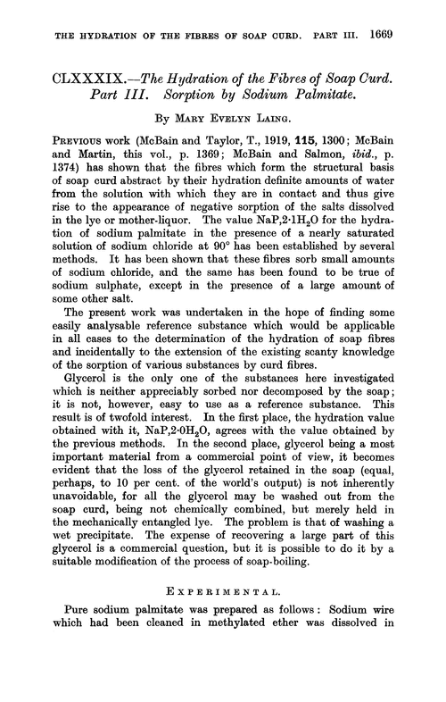 CLXXXIX.—The hydration of the fibres of soap curd. Part III. Sorption by sodium palmitate