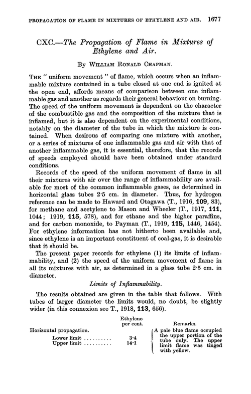 CXC.—The propagation of flame in mixtures of ethylene and air