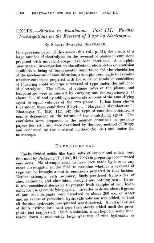 CXCIX.—Studies in emulsions. Part III. Further investigations on the reversal of type by electrolytes