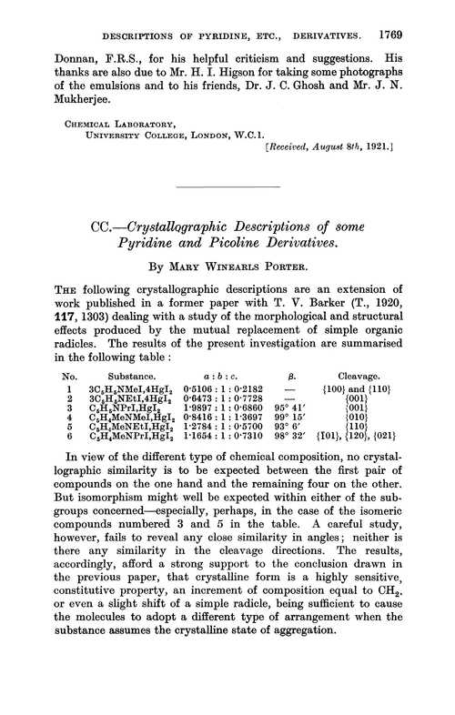 CC.—Crystallographic descriptions of some pyridine and picoline derivatives