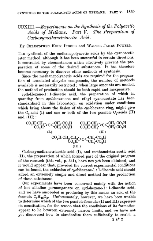 CCXIII.—Experiments on the synthesis of the polyacetic acids of methane. Part V. The preparation of carboxymethanetriacetic acid