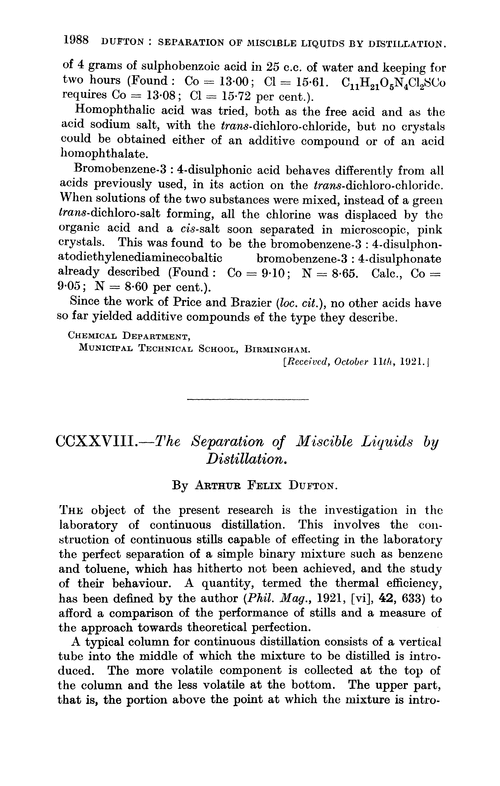 CCXXVIII.—The separation of miscible liquids by distillation