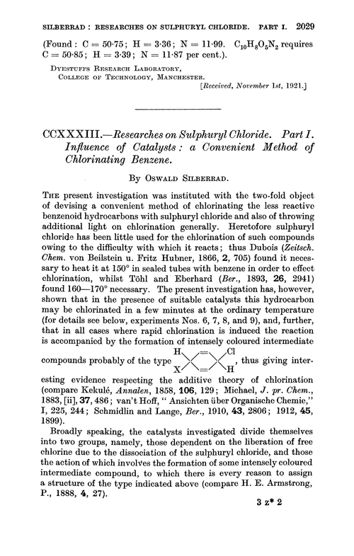 CCXXXIII.—Researches on sulphuryl chloride. Part I. Influence of catalysts: a convenient method of chlorinating benzene
