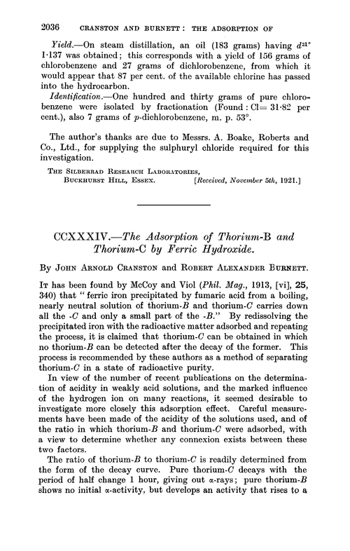 CCXXXIV.—The adsorption of thorium-B and thorium-C by ferric hydroxide