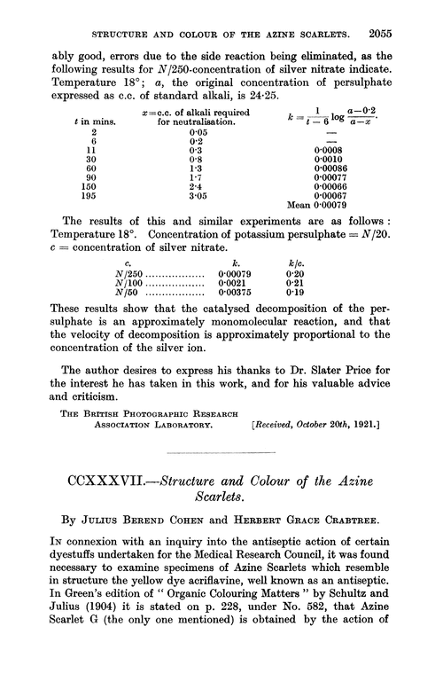 CCXXXVII.—Structure and colour of the Azine Scarlets