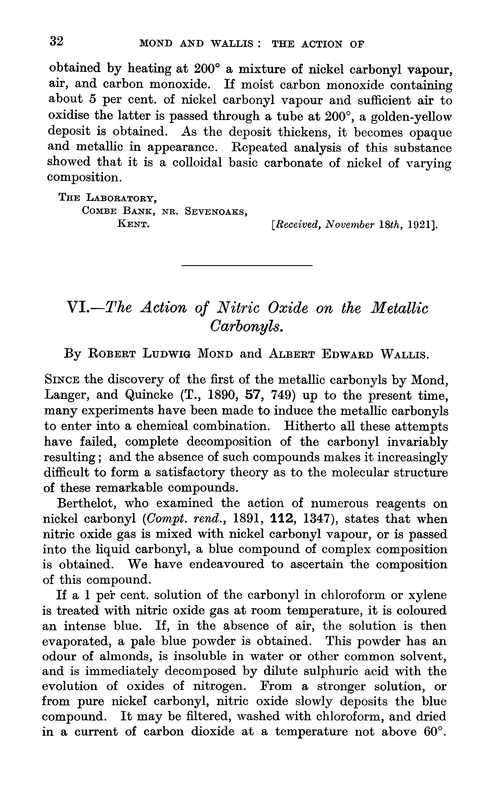 VI.—The action of nitric oxide on the metallic carbonyls