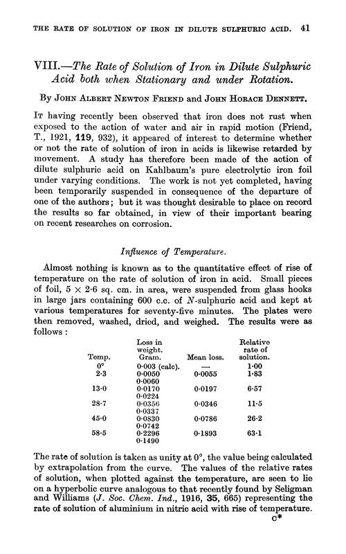VIII.—The rate of solution of iron in dilute sulphuric acid both when stationary and under rotation