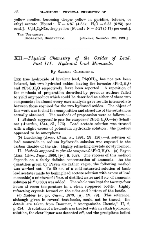 XII.—Physical chemistry of the oxides of lead. Part III. Hydrated lead monoxide