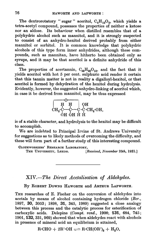 XIV.—The direct acetalisation of aldehydes