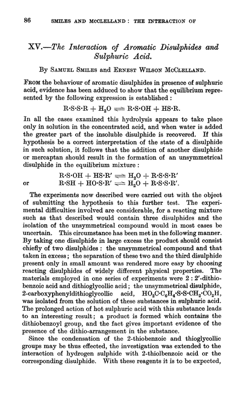 XV.—The interaction of aromatic disulphides and sulphuric acid