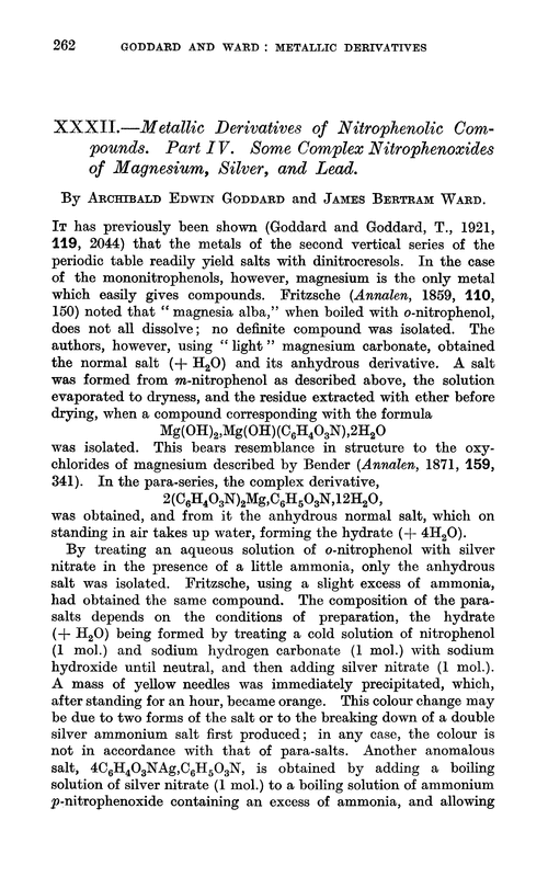 XXXII.—Metallic derivatives of nitrophenolic compounds. Part IV. Some complex nitrophenoxides of magnesium, silver, and lead