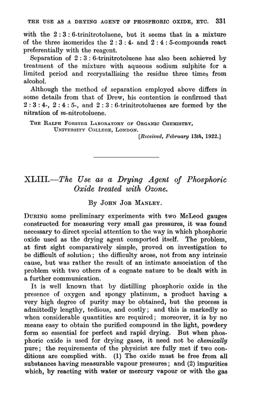 XLIII.—The use as a drying agent of phosphoric oxide treated with ozone