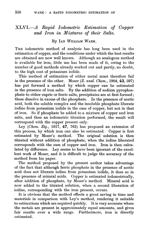 XLVI.—A rapid iodometric estimation of copper and iron in mixtures of their salts