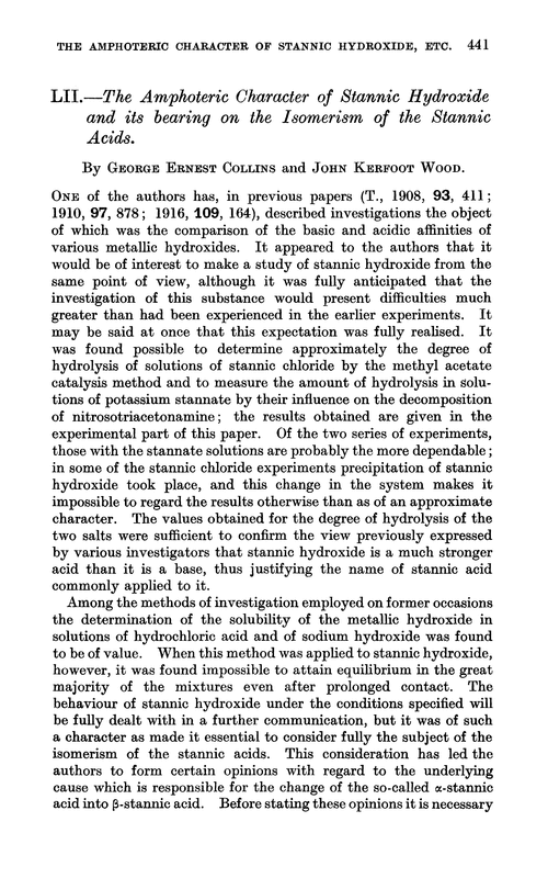 LII.—The amphoteric character of stannic hydroxide and its bearing on the isomerism of the stannic acids