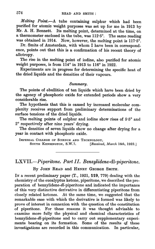 LXVII.—Piperitone. Part II. Benzylidene-dl-piperitone