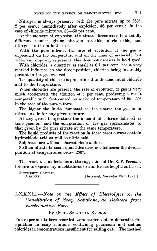 LXXXII.—Note on the effect of electrolytes on the constitution of soap solutions, as deduced from electromotive force
