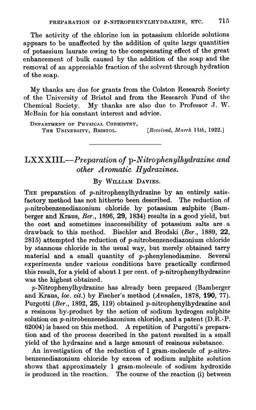 LXXXIII.—Preparation of p-nitrophenylhydrazine and other aromatic hydrazines