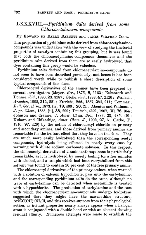 LXXXVIII.—Pyridinium salts derived from some chloroacetylamino-compounds