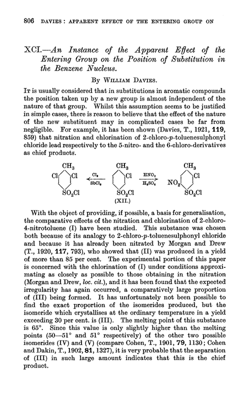 XCI.—An instance of the apparent effect of the entering group on the position of substitution in the benzene nucleus