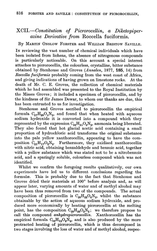 XCII.—Constitution of picrorocellin, a diketopiperazine derivative from Roccella fuciformis