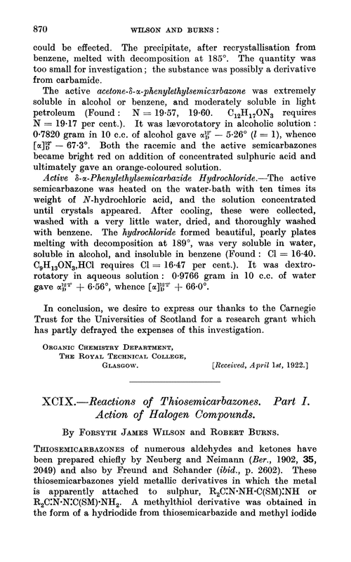XCIX.—Reactions of thiosemicarbazones. Part I. Action of halogen compounds