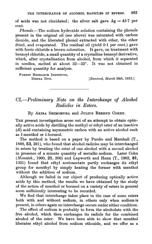 CI.—Preliminary note on the interchange of alcohol radicles in esters