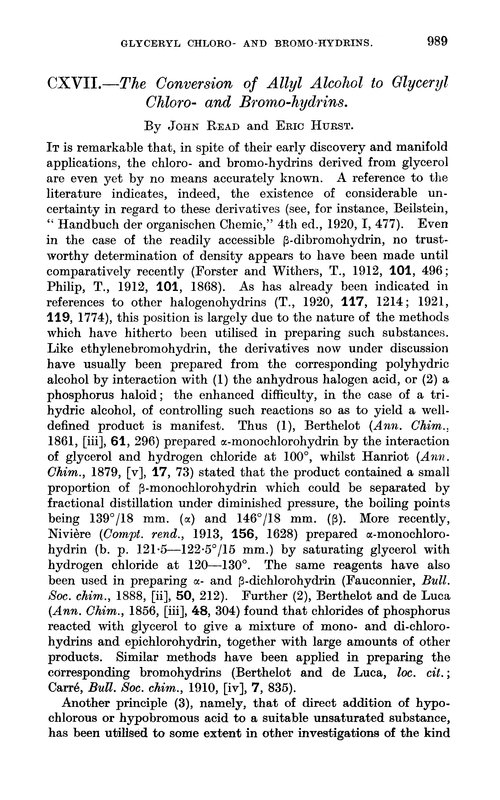 CXVII.—The conversion of allyl alcohol to glyceryl chloro- and bromo-hydrins