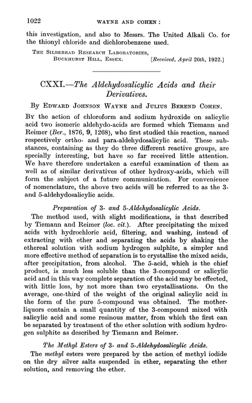 CXXI.—The aldehydosalicylic acids and their derivatives