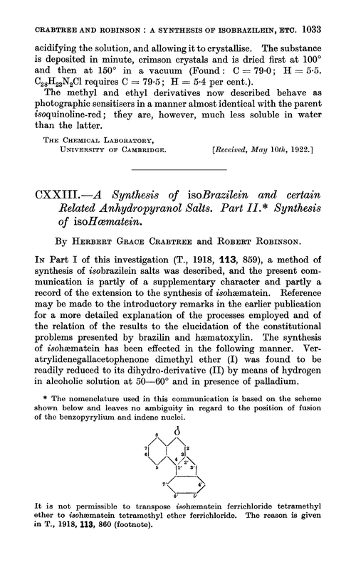 CXXIII.—A synthesis of isobrazilein and certain related anhydropyranol salts. Part II. Synthesis of isohœmatein